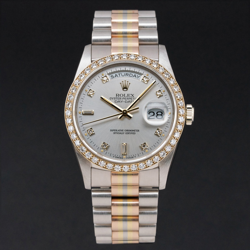 Rolex Day Date President, Rare TRIDOR, 18349, 36mm, 1989, Silver Diamond dial, Fullset, 1y warranty
