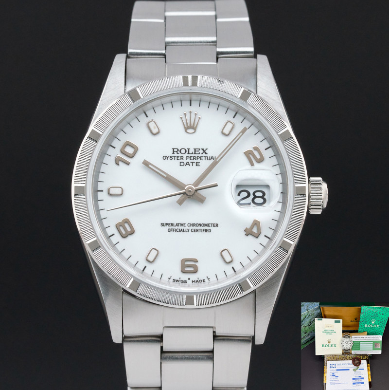 Rolex Oyster Perpetual Date, 15210, 34mm, 1995, Steel, White Arabic dial, Fullset, 1y warranty