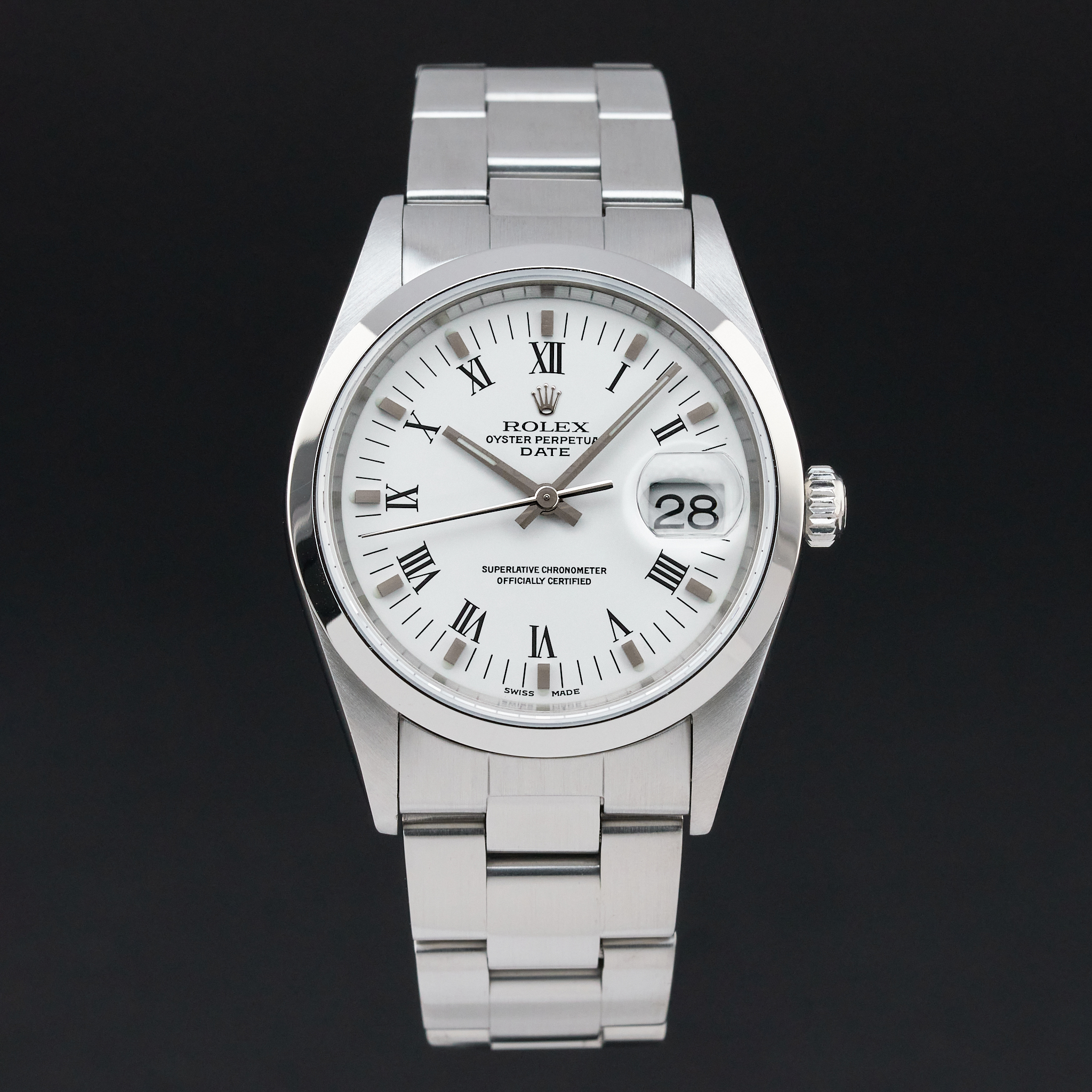 Rolex Oyster Perpetual Date, 15200, 34mm, 2000, Steel, White Roman dial, Fullset, 1y warranty