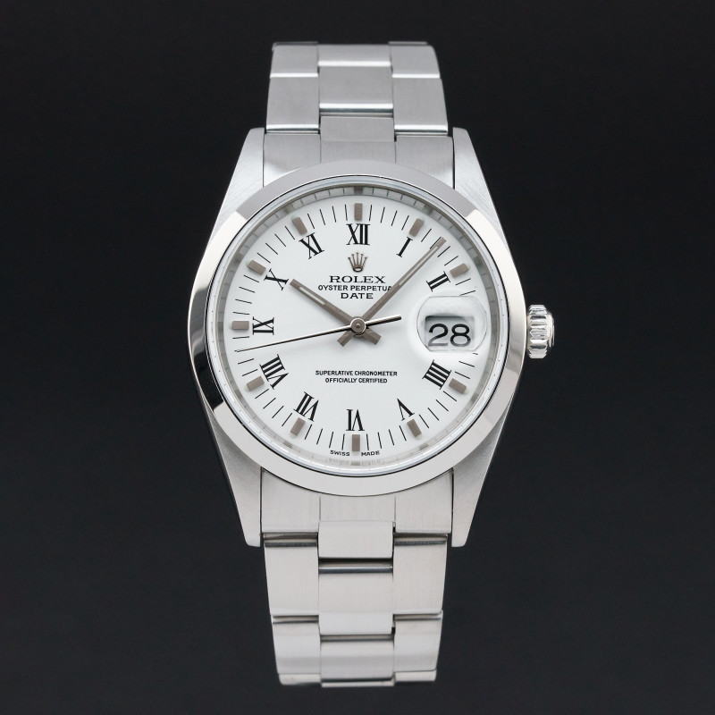 Rolex Oyster Perpetual Date, 15200, 34mm, 2000, Steel, White Roman dial, Fullset, 1y warranty
