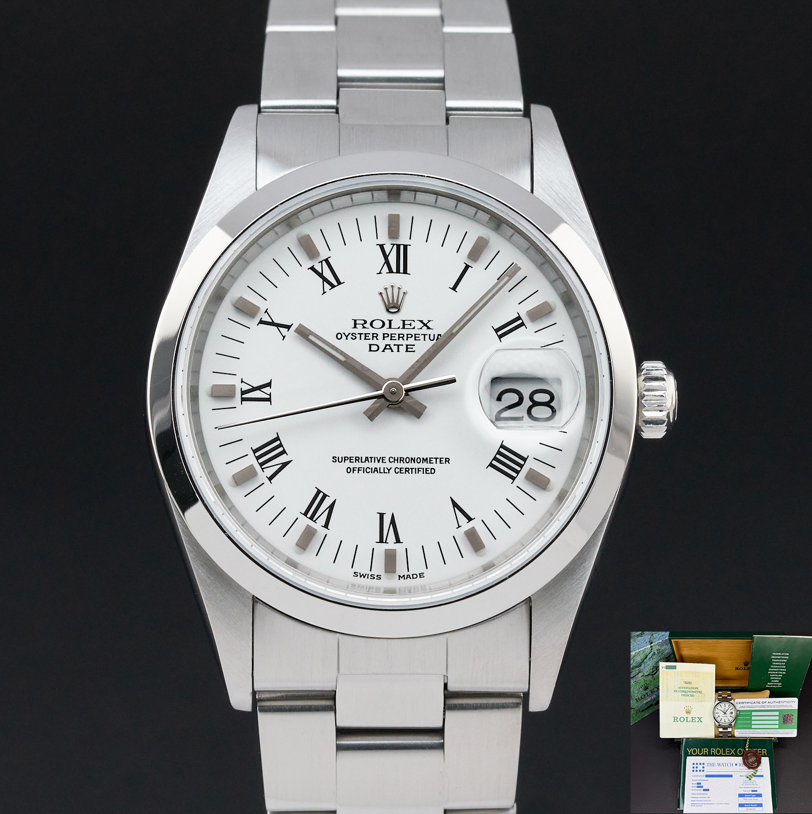 Rolex Oyster Perpetual Date, 15200, 34mm, 2000, Steel, White Roman dial, Fullset, 1y warranty