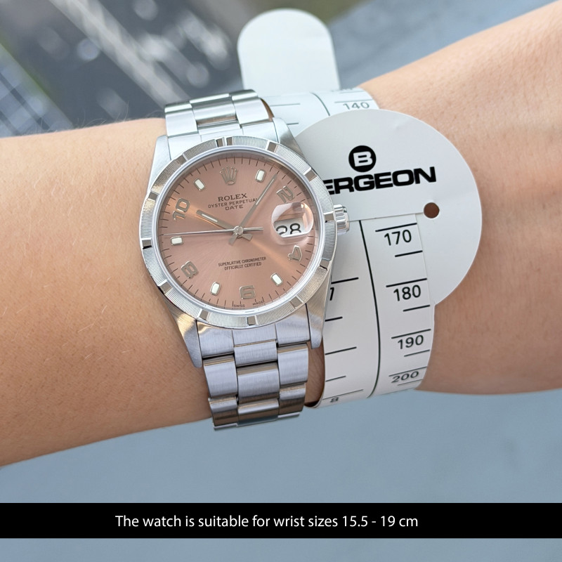 Rolex Oyster Perpetual Date, 15210, 34mm, 1991, Steel, Salmon Arabic dial, Fullset, 1y warranty