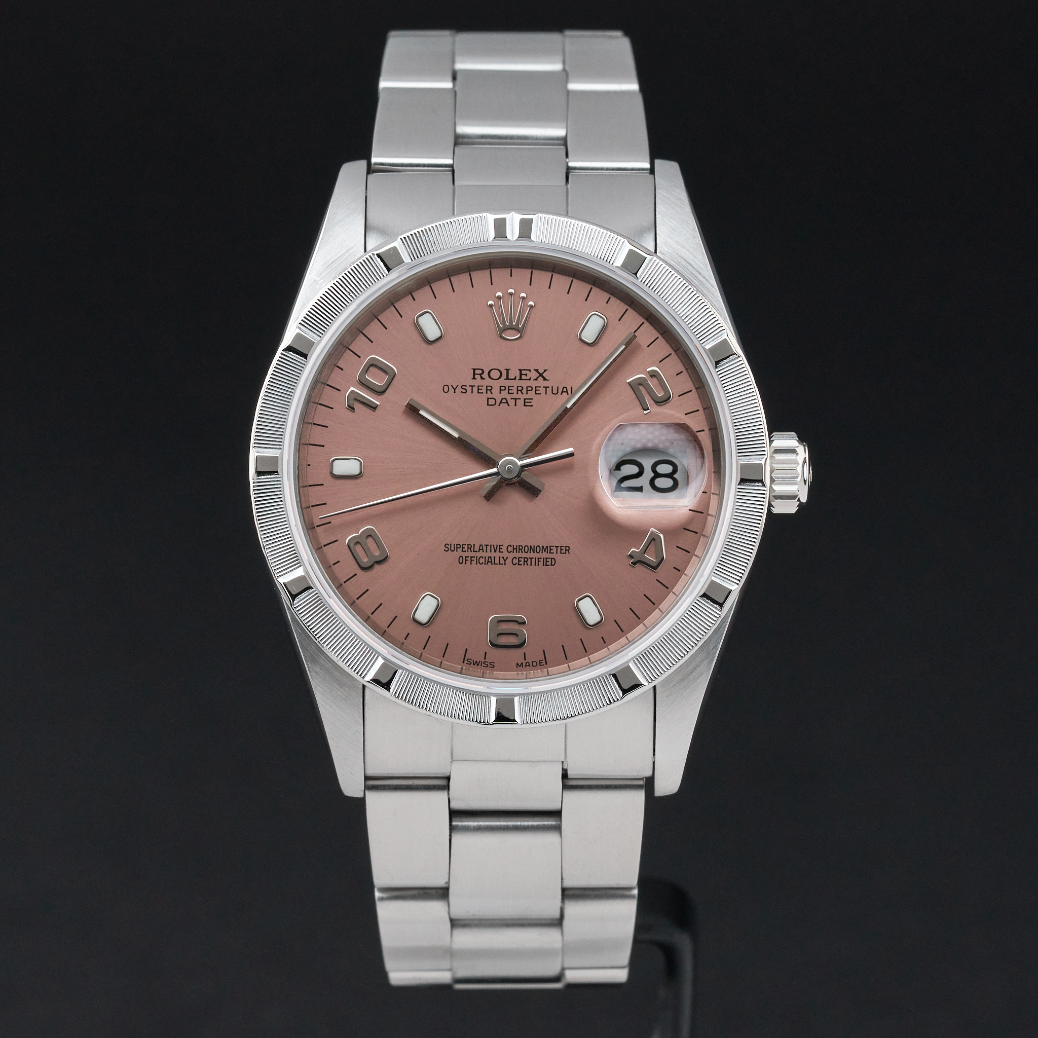 Rolex Oyster Perpetual Date, 15210, 34mm, 1991, Steel, Salmon Arabic dial, Fullset, 1y warranty