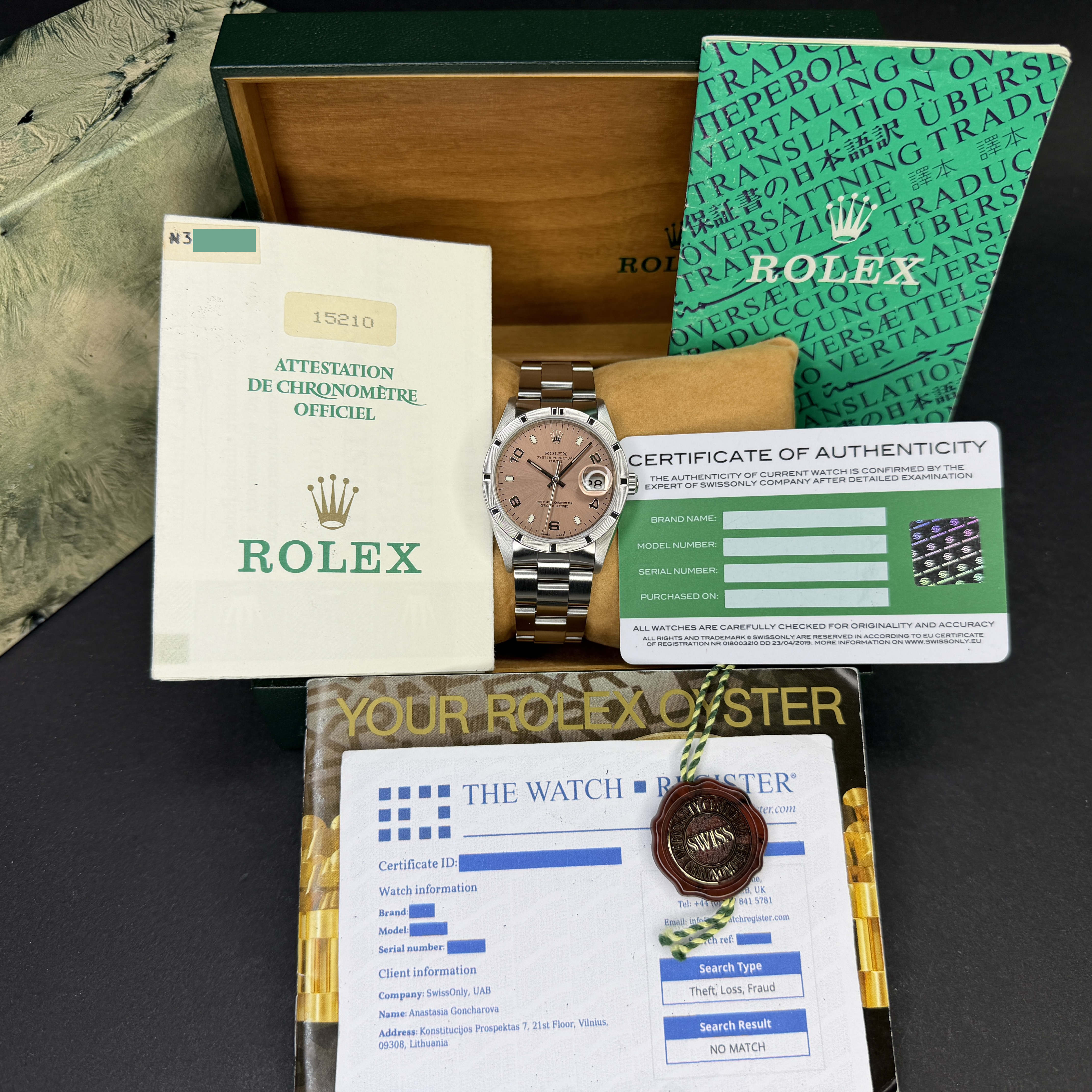 Rolex Oyster Perpetual Date, 15210, 34mm, 1991, Steel, Salmon Arabic dial, Fullset, 1y warranty