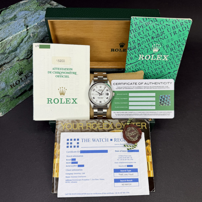 Rolex Oyster Perpetual Date, 15200, 34mm, 1998, Steel, White Arabic dial, Fullset, 1y warranty