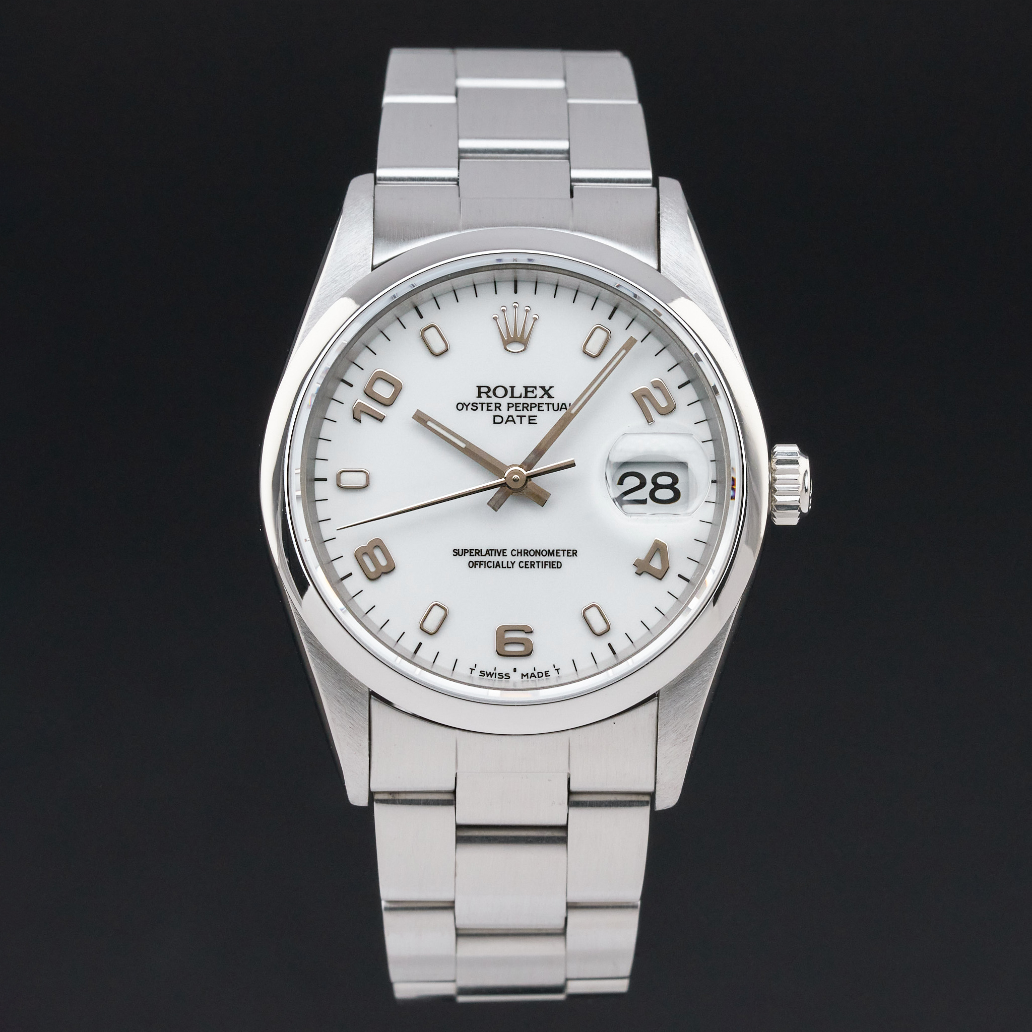 Rolex Oyster Perpetual Date, 15200, 34mm, 1998, Steel, White Arabic dial, Fullset, 1y warranty
