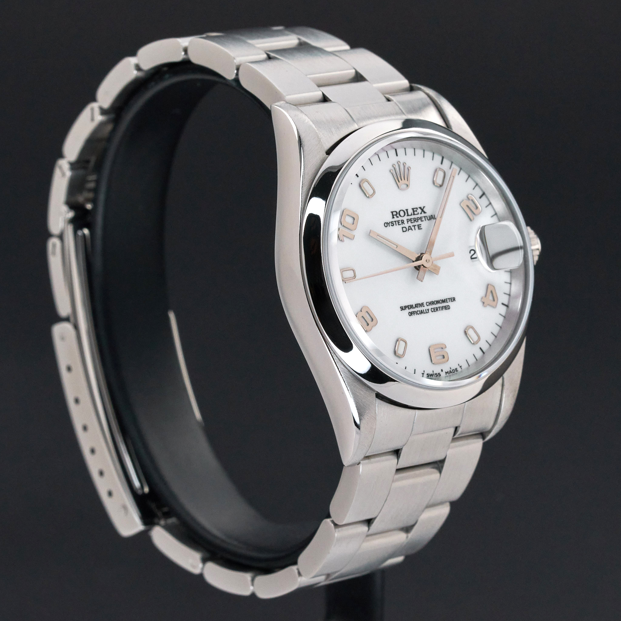 Rolex Oyster Perpetual Date, 15200, 34mm, 1998, Steel, White Arabic dial, Fullset, 1y warranty
