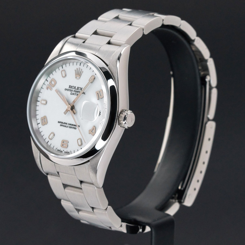 Rolex Oyster Perpetual Date, 15200, 34mm, 1998, Steel, White Arabic dial, Fullset, 1y warranty