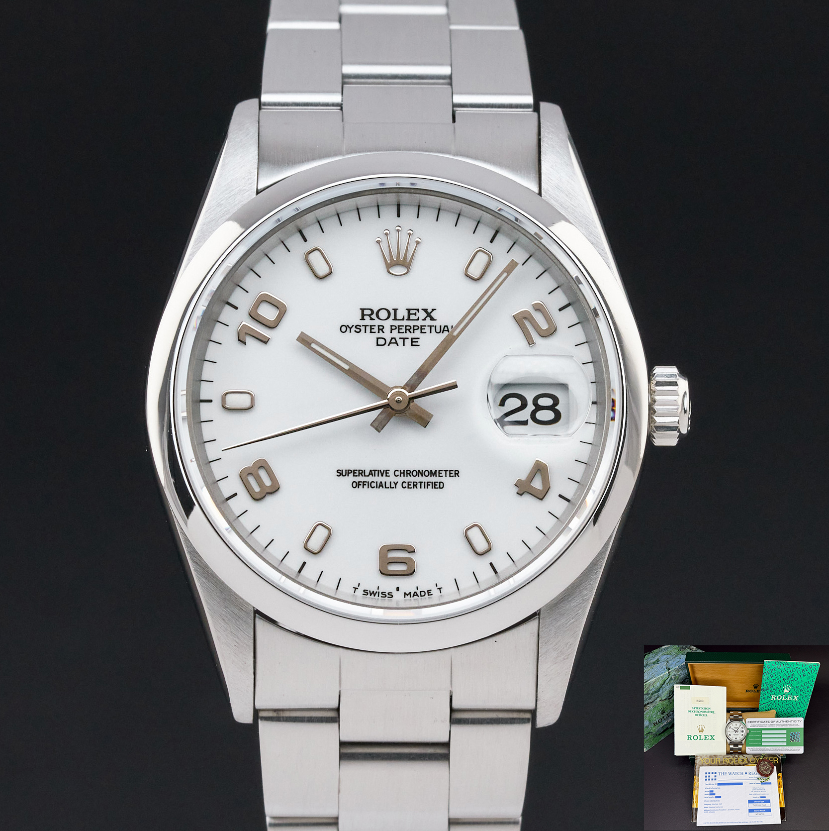 Rolex Oyster Perpetual Date, 15200, 34mm, 1998, Steel, White Arabic dial, Fullset, 1y warranty