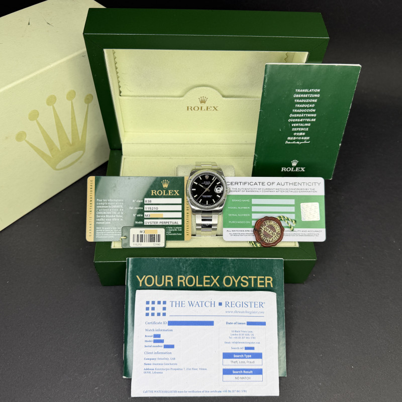 Rolex Oyster Perpetual Date, 115210, 34mm, 2008, Steel, Black dial, Fullset, 1y warranty