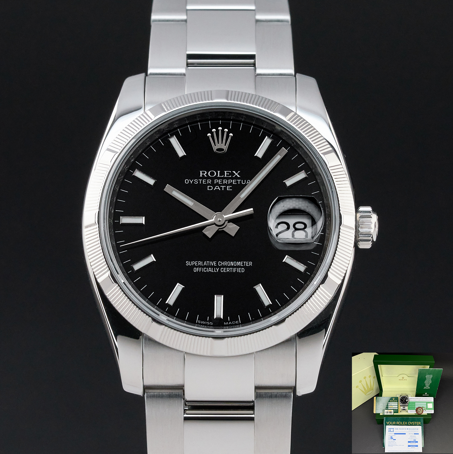Rolex Oyster Perpetual Date, 115210, 34mm, 2008, Steel, Black dial, Fullset, 1y warranty