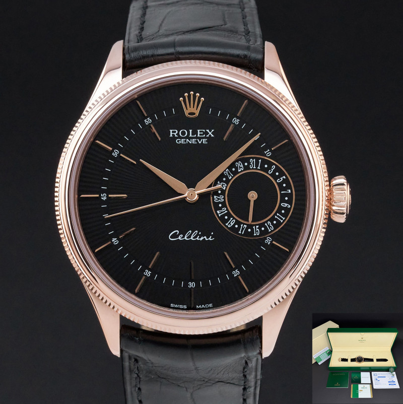 Rolex Cellini Date, 50515, 39mm, 2016, Rose gold, Black Guilloche dial, Fullset, Official warranty