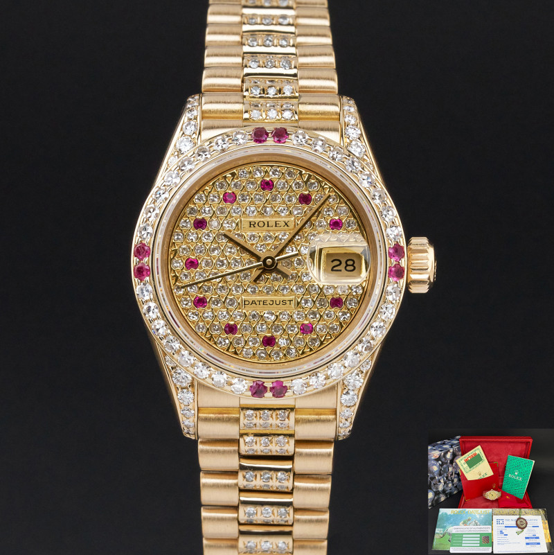Rolex Lady Datejust, 69178, 26mm, 1989, Yellow gold, Pave Ruby Diamond dial, Fullset, 1y warranty
