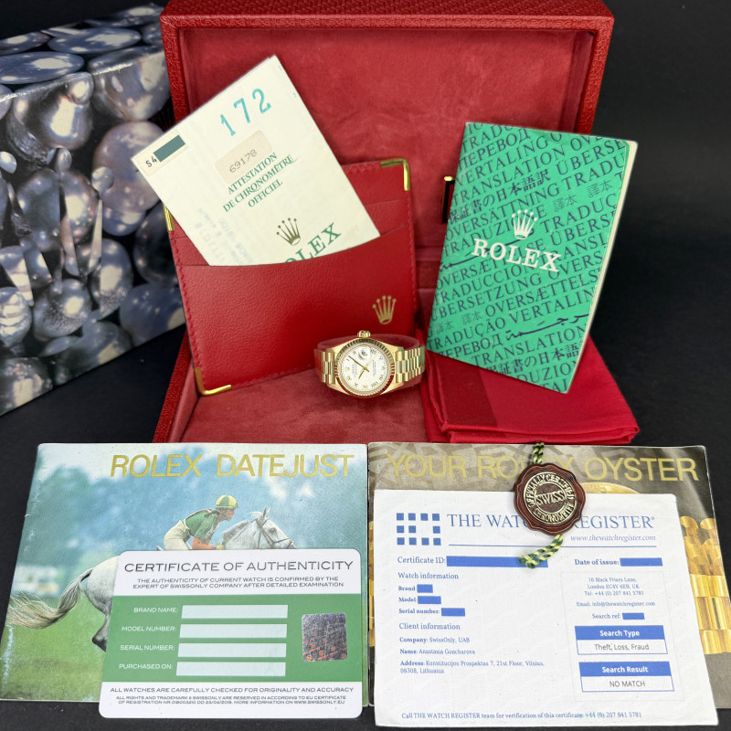 Rolex Lady Datejust, 69178, 26mm, 1993, Yellow gold, Silver MOP Roman dial, Fullset, 1y warranty