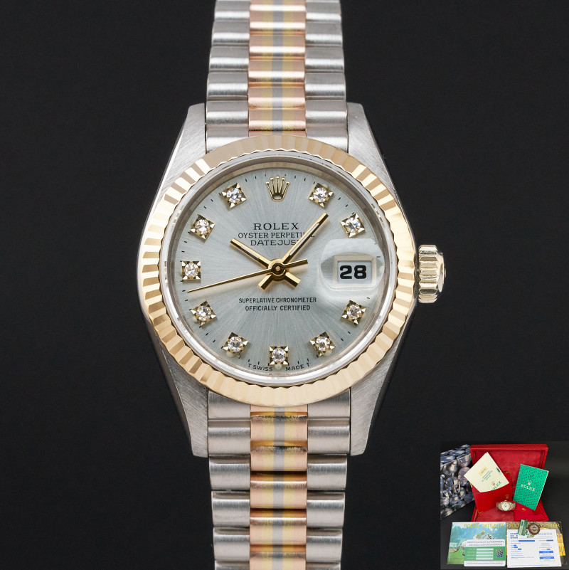 Rolex Lady Datejust, Rare TRIDOR, 69179, 26mm, 1986, Silver Small Diamond dial, Fullset, 1y warranty