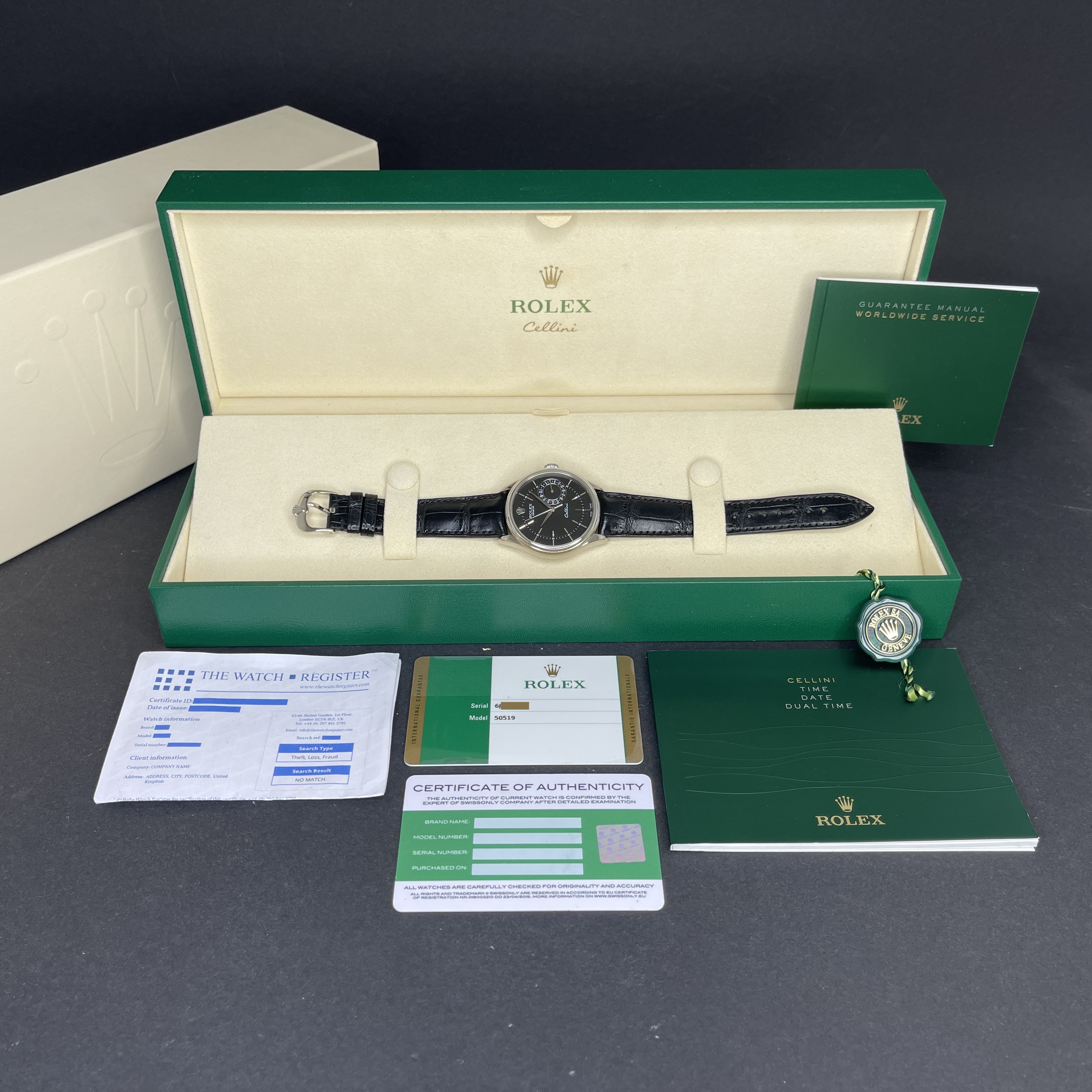 Rolex Cellini Date, 50519, 39mm, 2016, White Gold, Black Guilloche dial, Fullset, 1y warranty