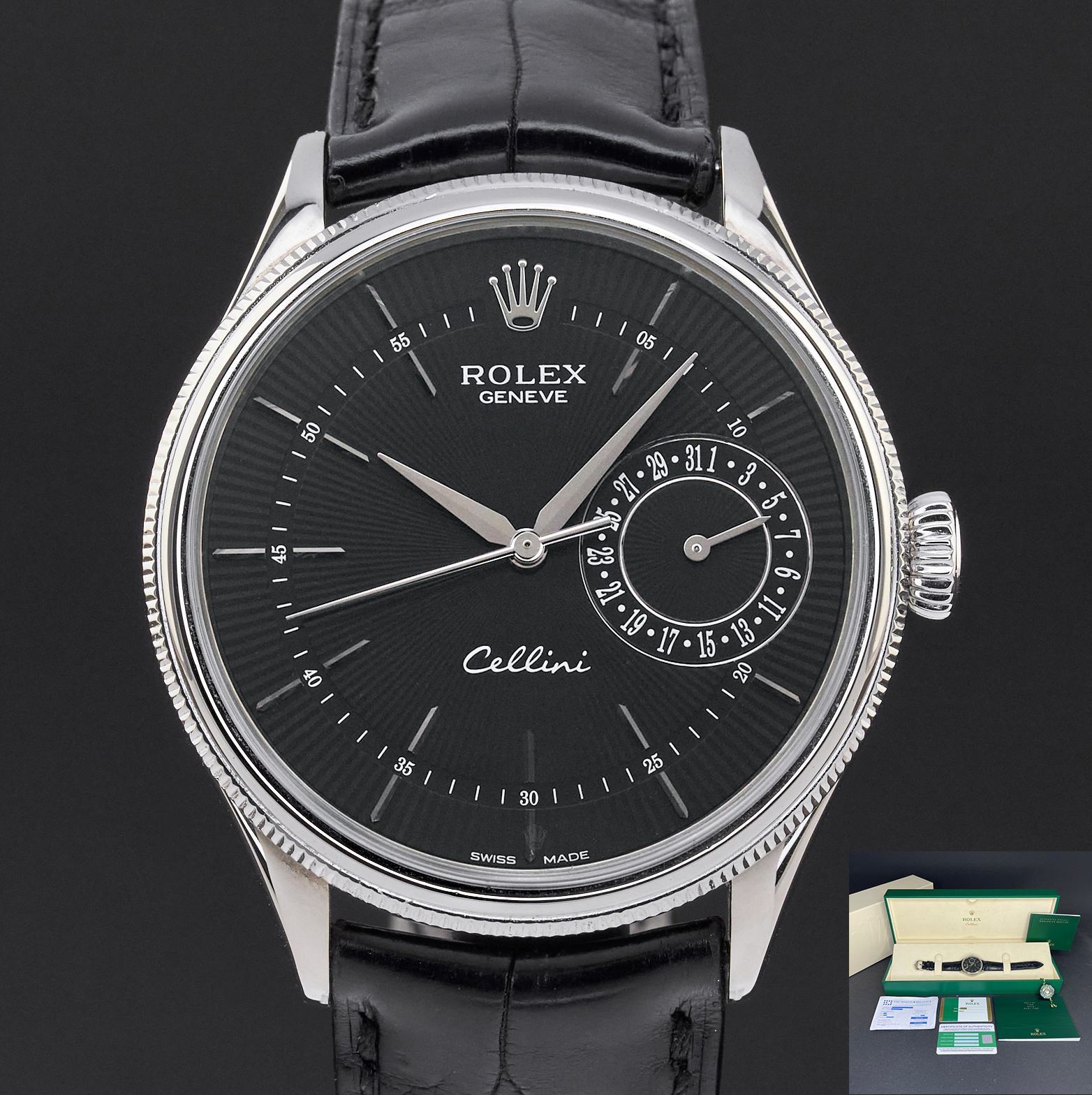 Rolex Cellini Date, 50519, 39mm, 2016, White Gold, Black Guilloche dial, Fullset, 1y warranty