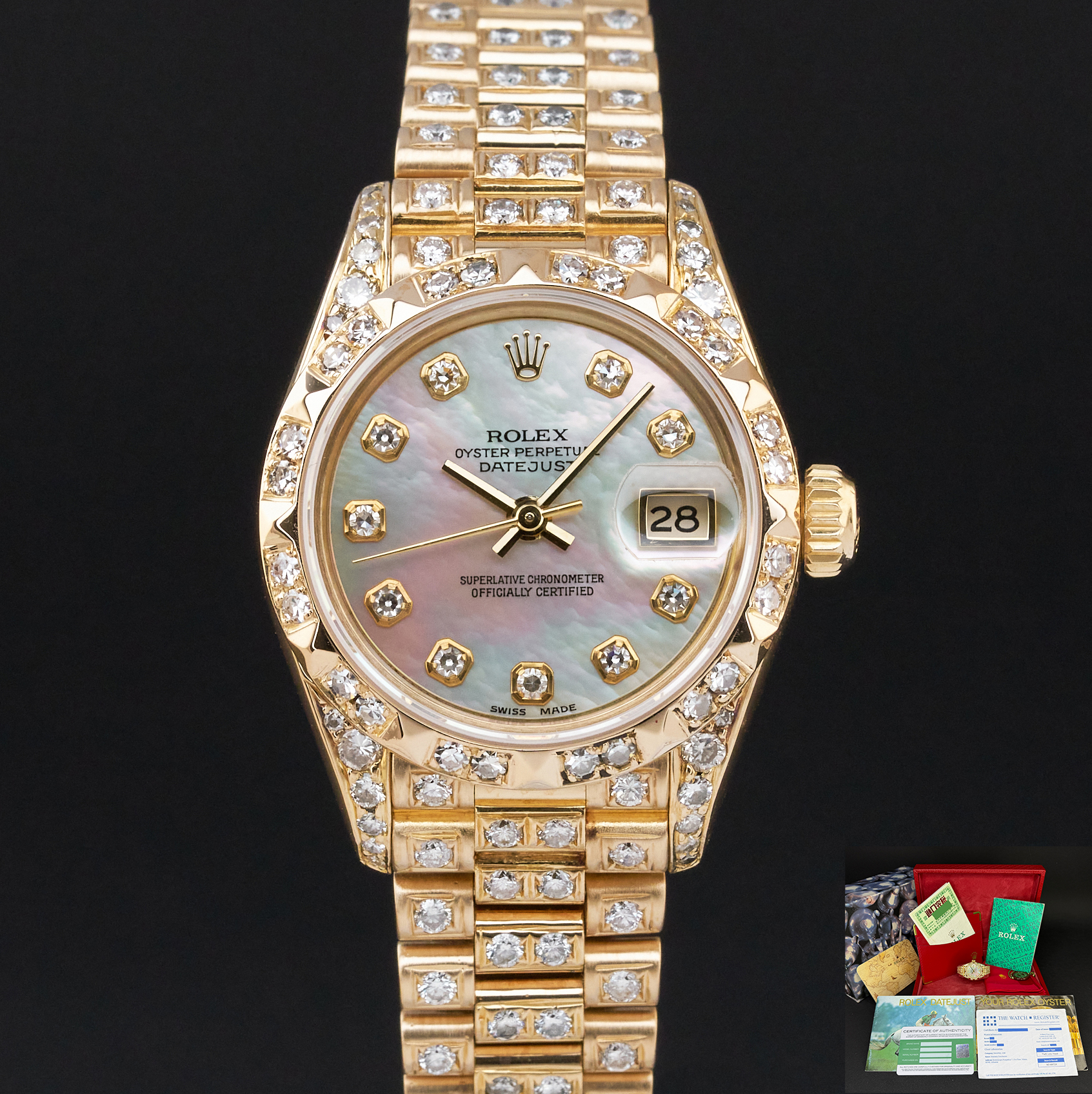 Rolex Lady Datejust, 69178, 26mm, 1993, Yellow gold, MOP Big Diamond dial, Fullset, 1y warranty