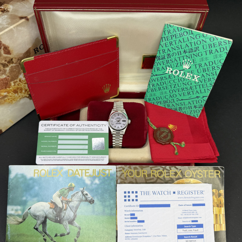 Rolex Lady Datejust, 69166, 26mm, 1989, Platinum, MOP Big Diamond dial, Box, 1y warranty
