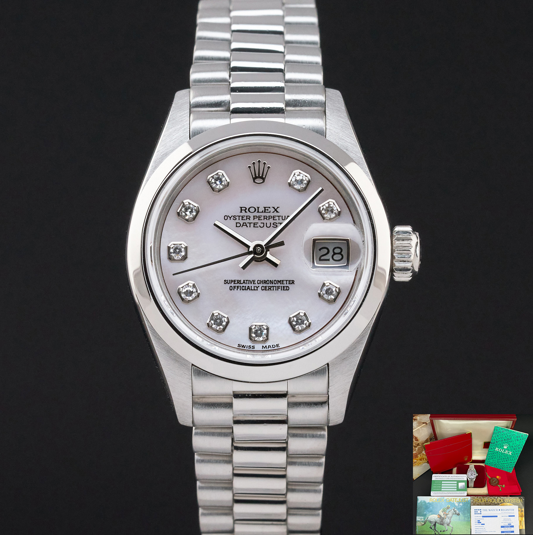 Rolex Lady Datejust, 69166, 26mm, 1989, Platinum, MOP Big Diamond dial, Box, 1y warranty