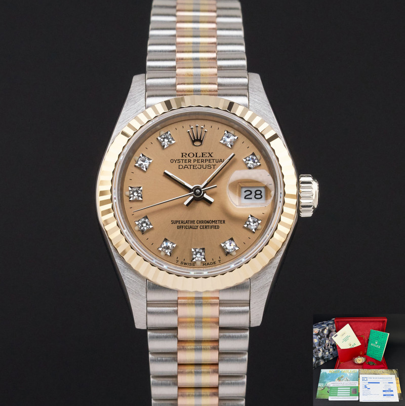 Rolex Lady Datejust, Rare TRIDOR, 69179, 26mm, 1988, Salmon Small Diamond dial, Fullset, 1y warranty