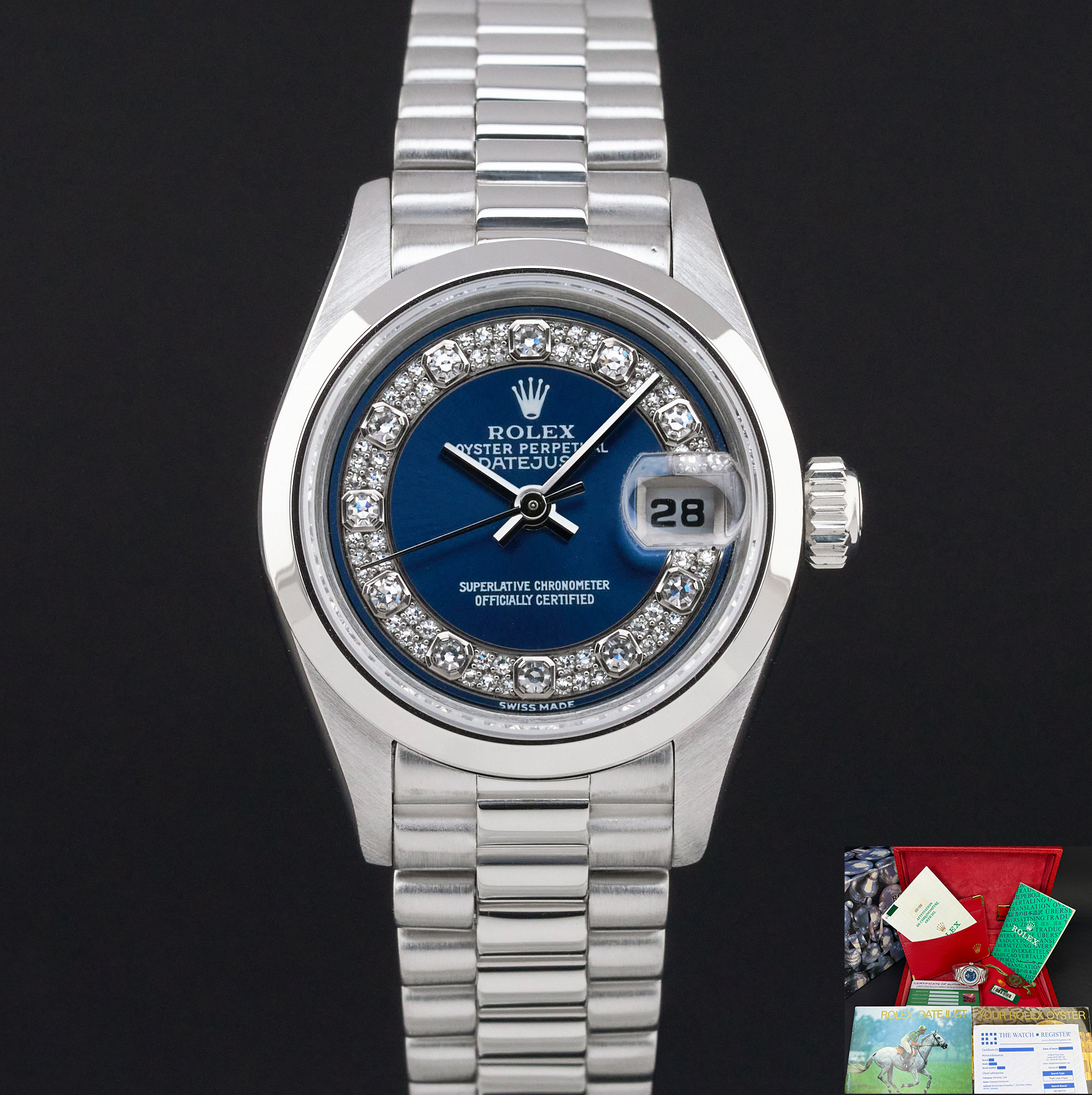 Rolex Lady Datejust, 69166, 26mm, 1997, Platinum, Blue Myriad Big Diamond dial, Fullset, 1y warranty