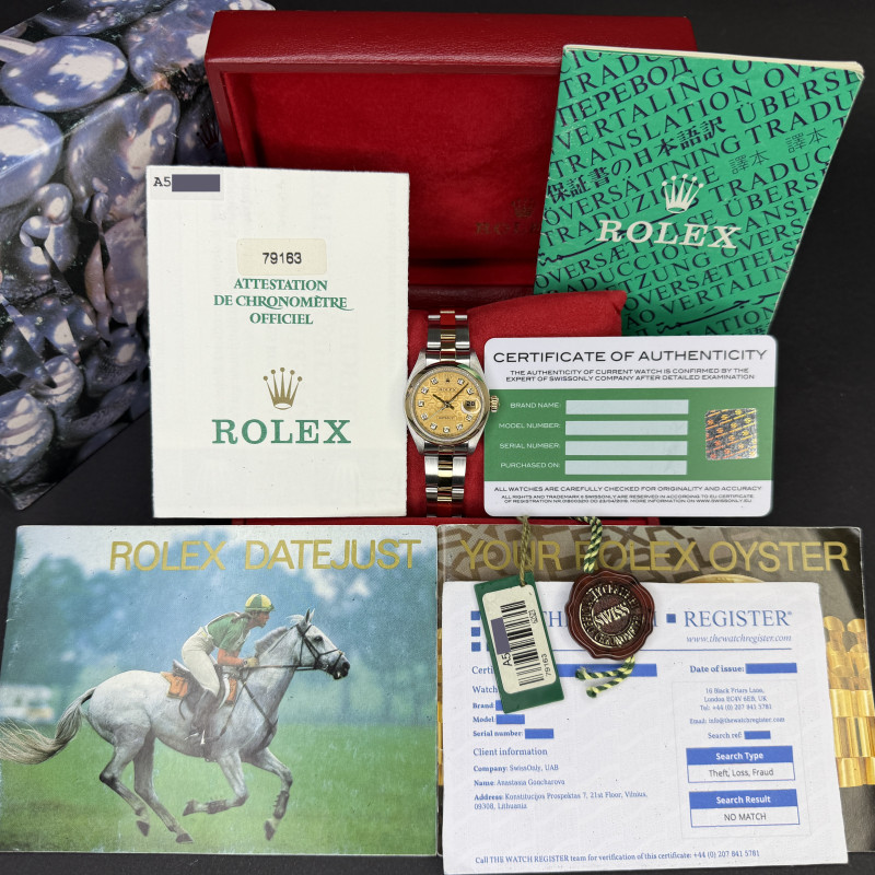 Rolex Lady Datejust, 79163, 26mm, 1999, Two-Tone, Champagne Jubilee Big Diamond dial, Fullset, 1y warranty