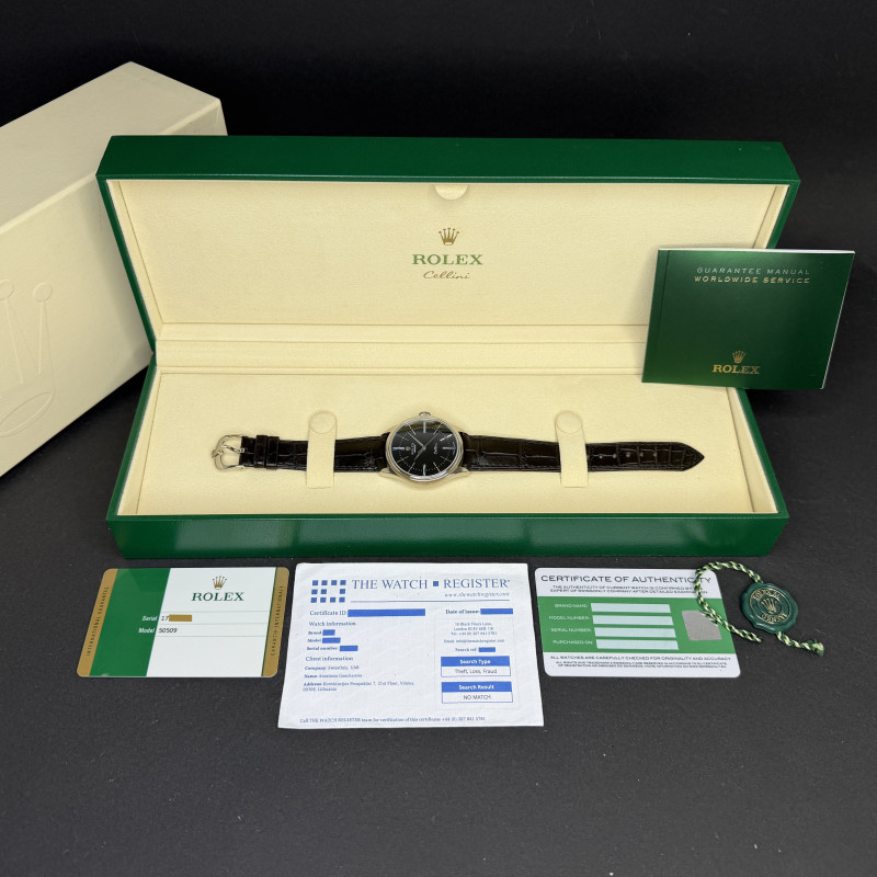 Rolex Cellini Time, 50509, 39mm, 2018, White gold, Black Roman dial, Fullset, 1y warranty