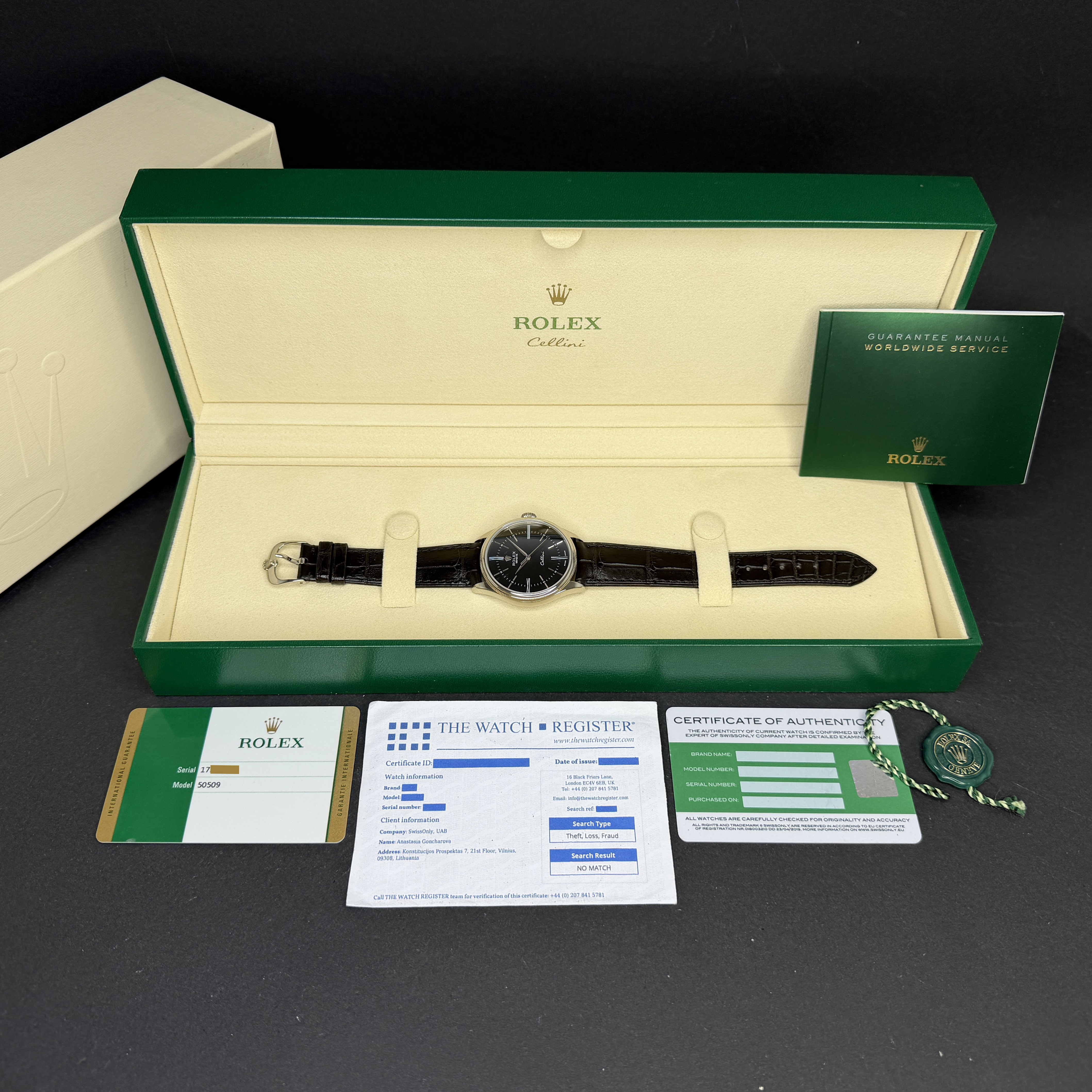 Rolex Cellini Time, 50509, 39mm, 2018, White gold, Black Roman dial, Fullset, 1y warranty