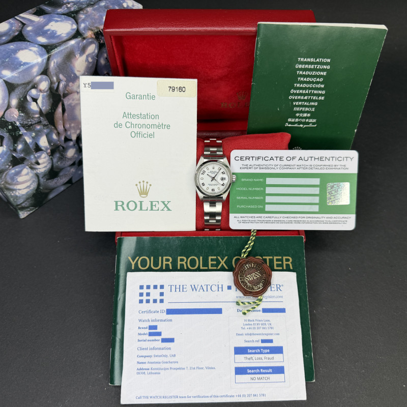 Rolex Oyster Perpetual Lady Date, 79160, 26mm, 2002, Steel, White Arabic dial, Fullset, 1y warranty