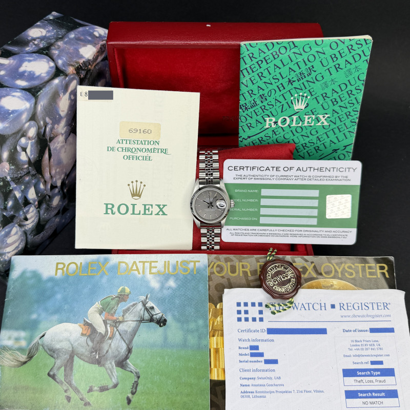 Rolex Oyster Perpetual Lady Date, 69160, 26mm, 1990, Steel, Grey dial, Fullset, 1y warramty