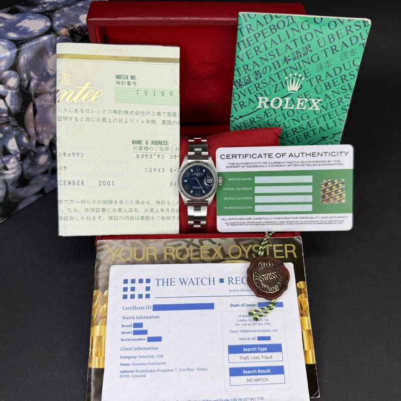 Rolex Oyster Perpetual Lady Date, 79190, 26mm, 1999, Steel, Blue Arabic dial, Fullset, 1y warranty