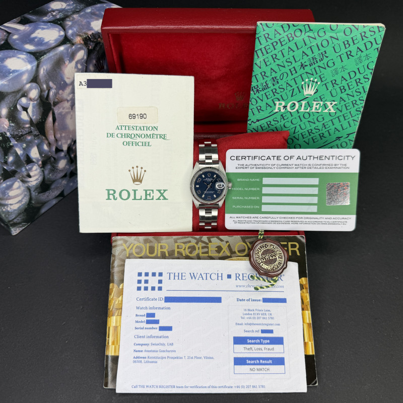 Rolex Oyster Perpetual Lady Date, 69190, 26mm, 1999, Steel, Blue Arabic dial, Fullset, 1y warranty