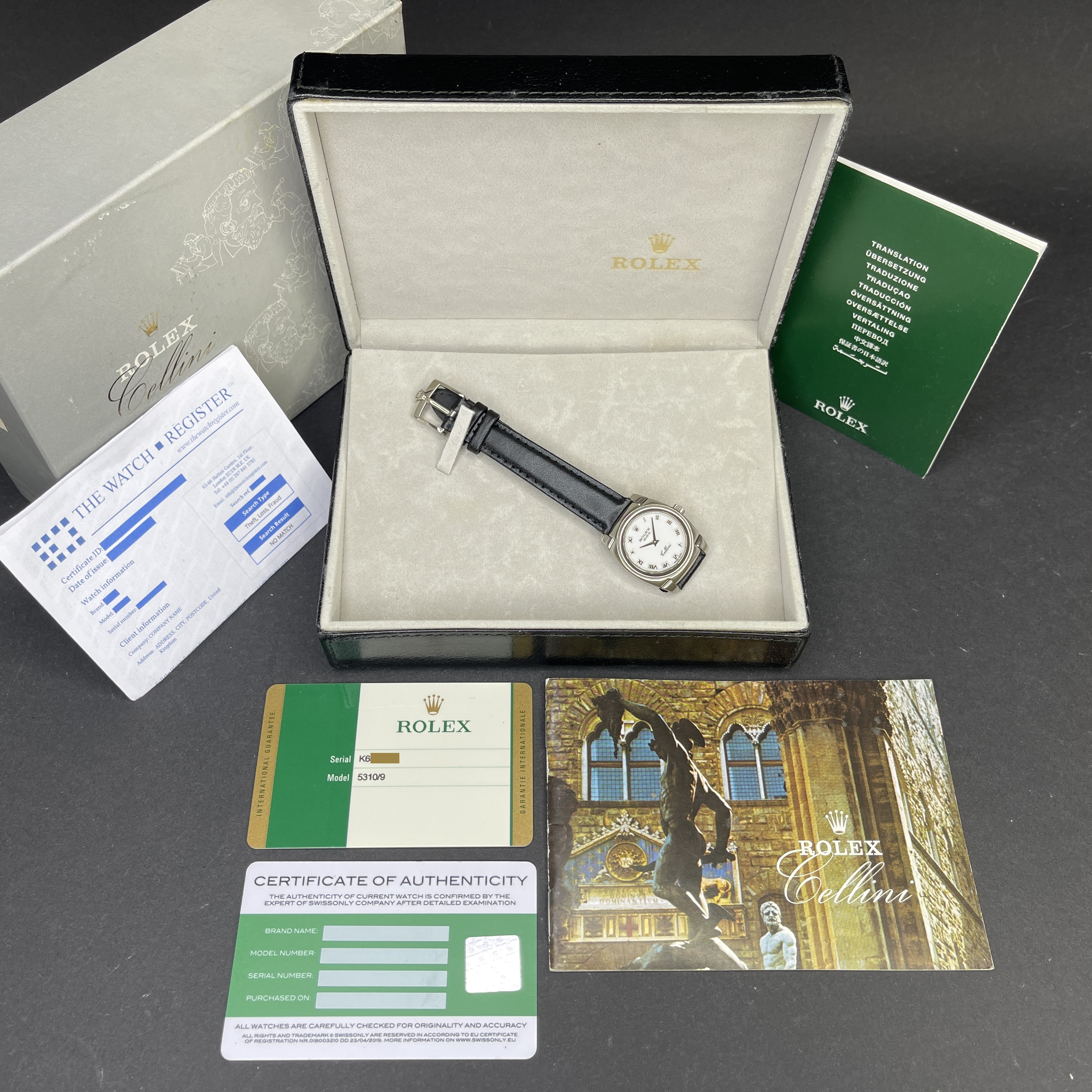 Rolex Cellini Cestello, 5310, 26mm, 2001, White gold, White Roman dial, Fullset, 1y warranty