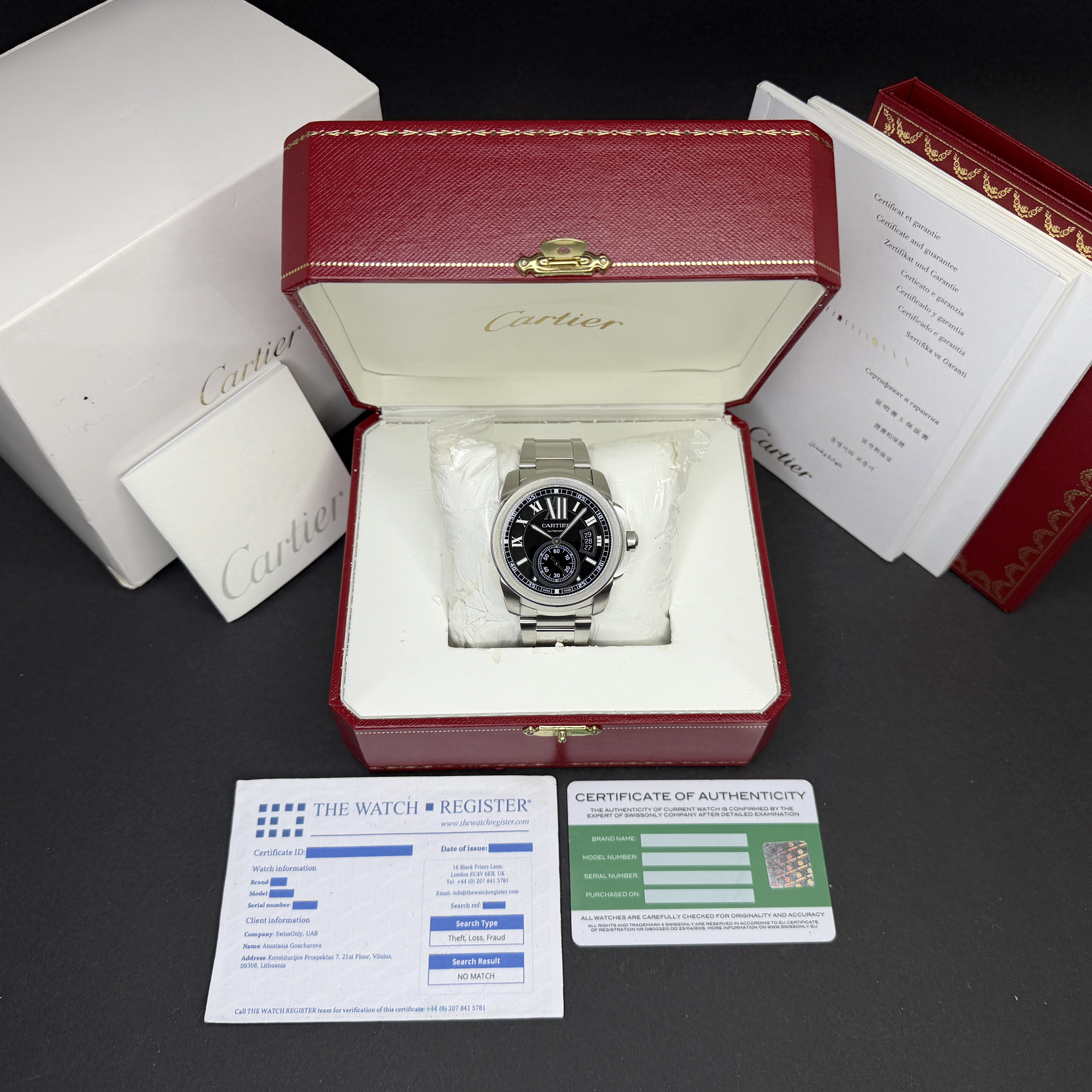 Cartier Calibre de Cartier, W7100016, 42mm, 2012, Steel, Black Roman dial, Fullset, 1y warranty