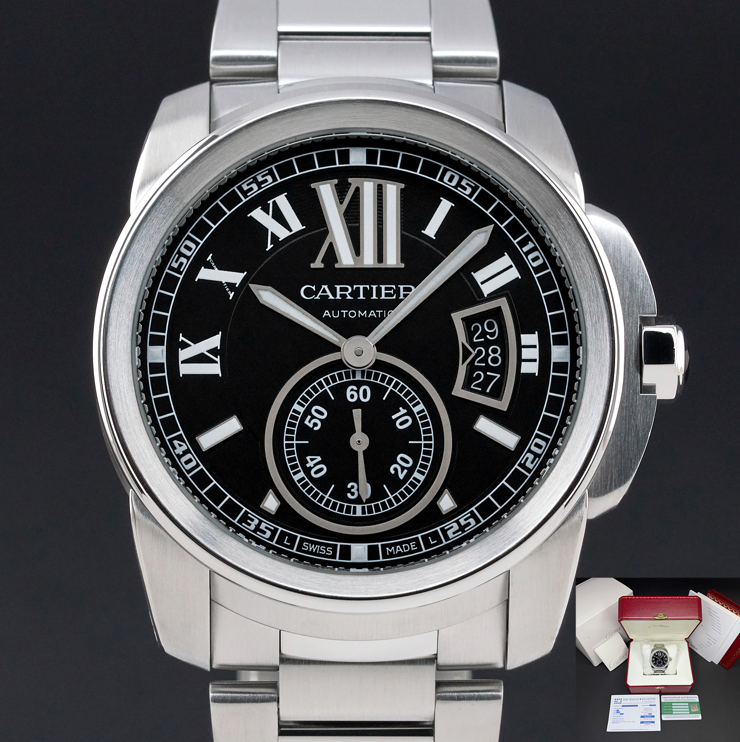 Cartier Calibre de Cartier, W7100016, 42mm, 2012, Steel, Black Roman dial, Fullset, 1y warranty