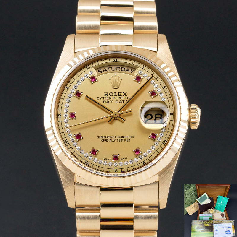 Rolex Day Date President, 18238, 36mm, 1989, Yellow gold, Champagne Ruby Diamond dial, Fullset, 1y warranty