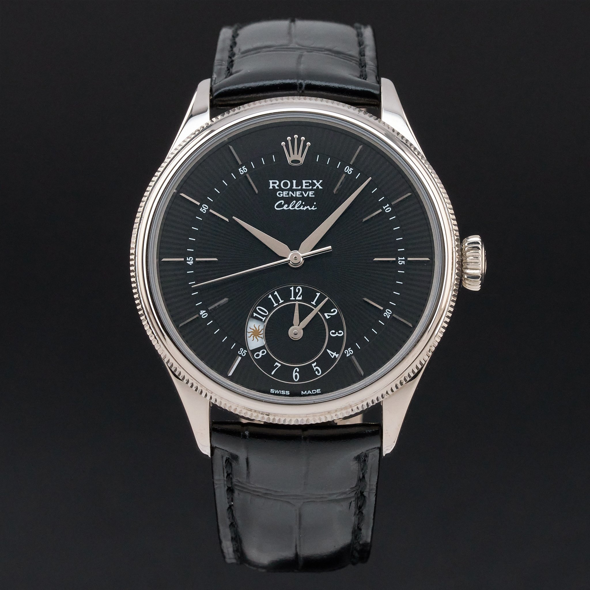 Rolex Cellini Dual Time, 50529, 39mm, 2020, White gold, Black Guilloche dial, Fullset, 1y warranty