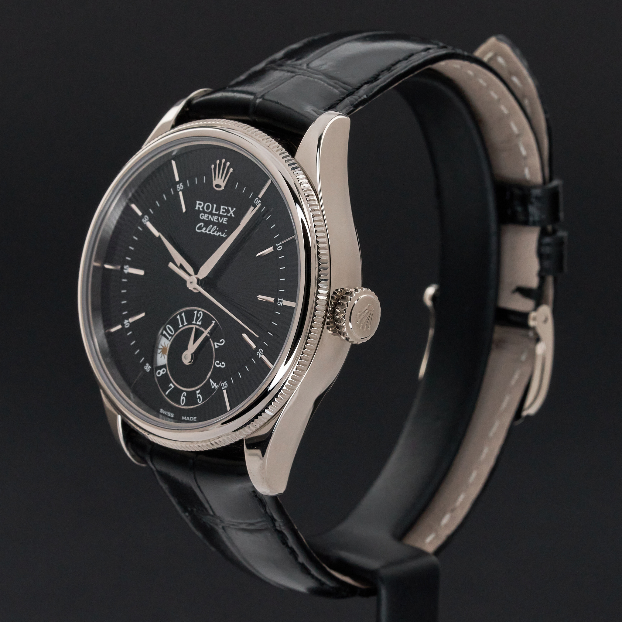 Rolex Cellini Dual Time, 50529, 39mm, 2020, White gold, Black Guilloche dial, Fullset, 1y warranty