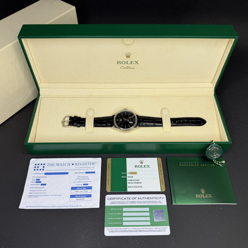 Rolex Cellini Dual Time, 50529, 39mm, 2020, White gold, Black Guilloche dial, Fullset, 1y warranty