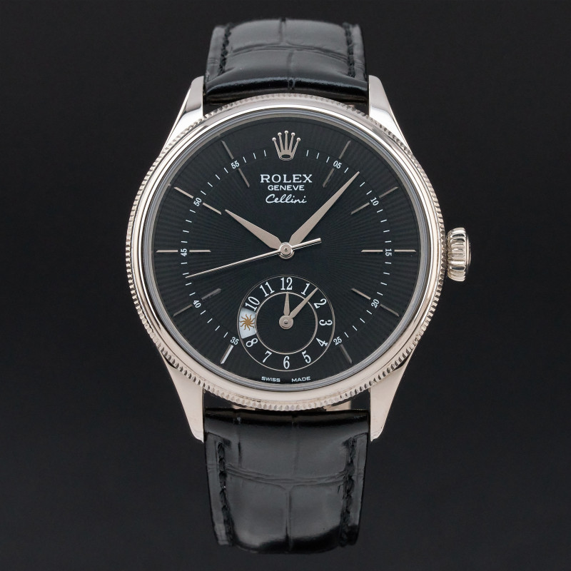 Rolex Cellini Dual Time, 50529, 39mm, 2020, White gold, Black Guilloche dial, Fullset, 1y warranty