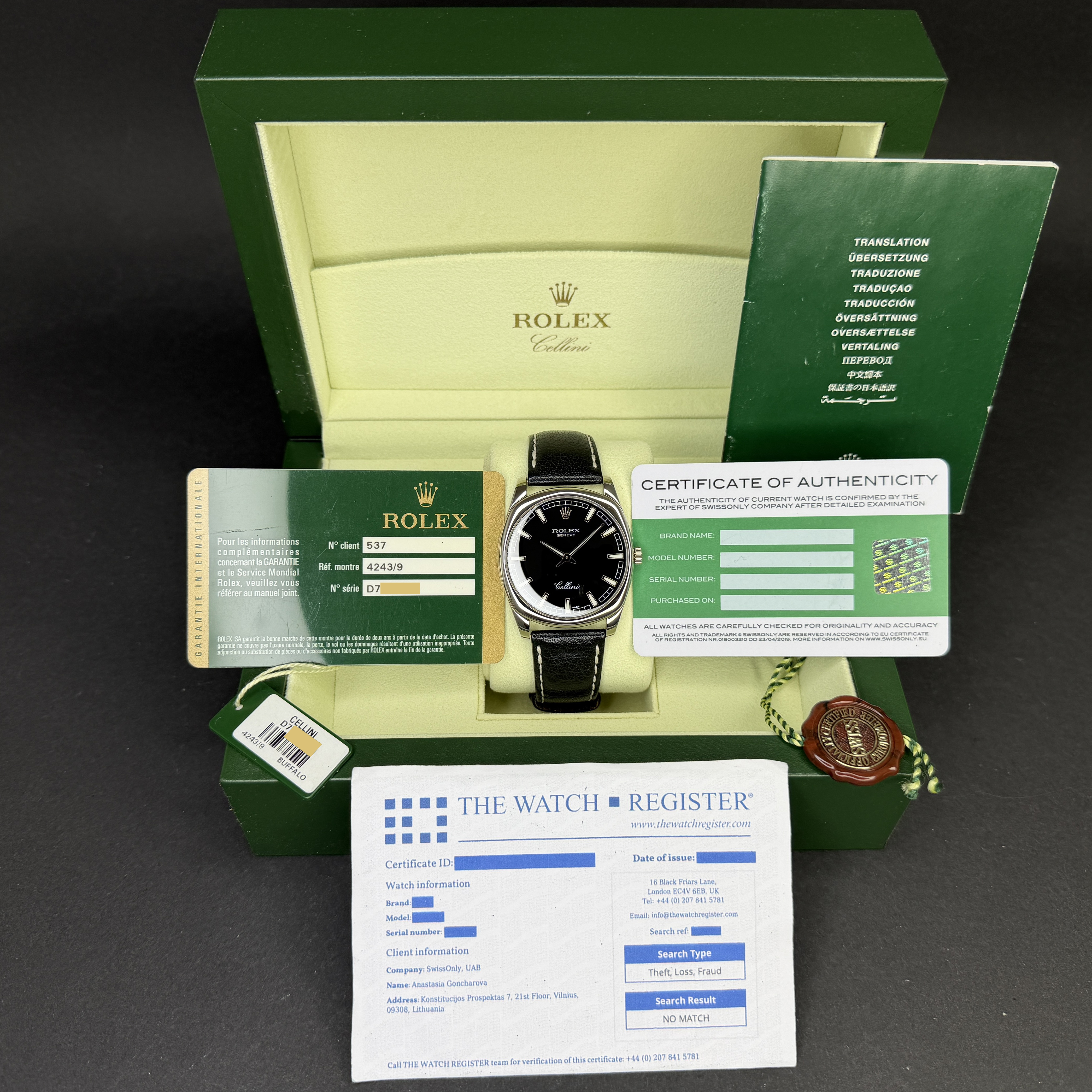 Rolex Cellini Danaos, 4243/9, 38mm, 2006, White gold, Black dial, Fullset, 1y warranty