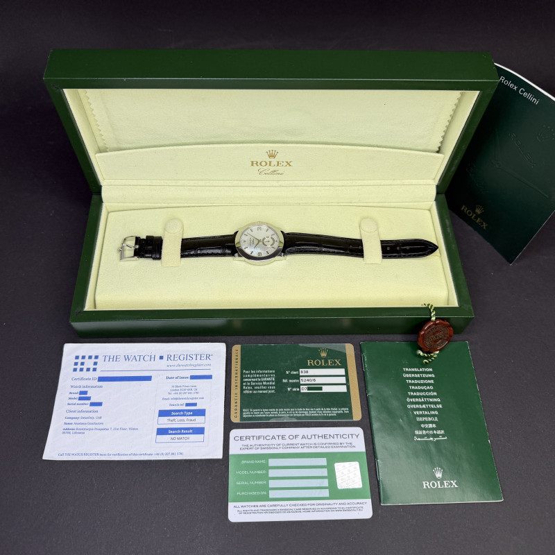 Rolex Cellini Cellinium, 5240, 35mm, 2005, Platinum, MOP Arabic dial, Fullset, 1y warranty