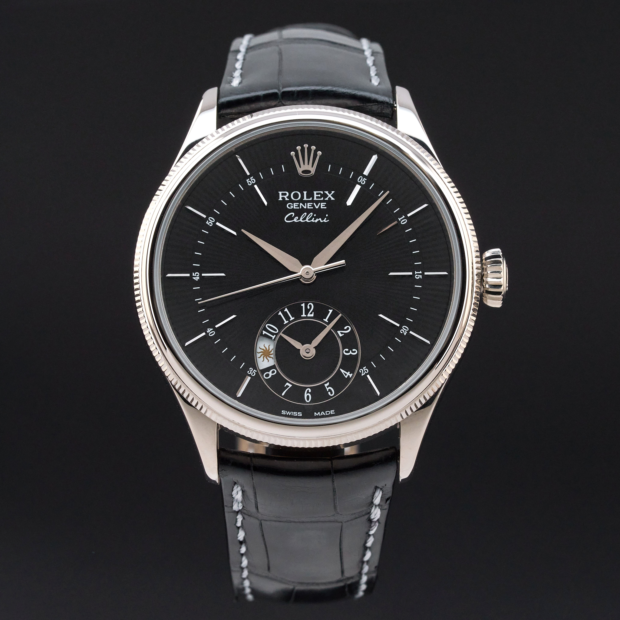Rolex Cellini Dual Time, 50529, 39mm, 2014, White gold, Black Guilloche dial, Fullset, 1y warranty