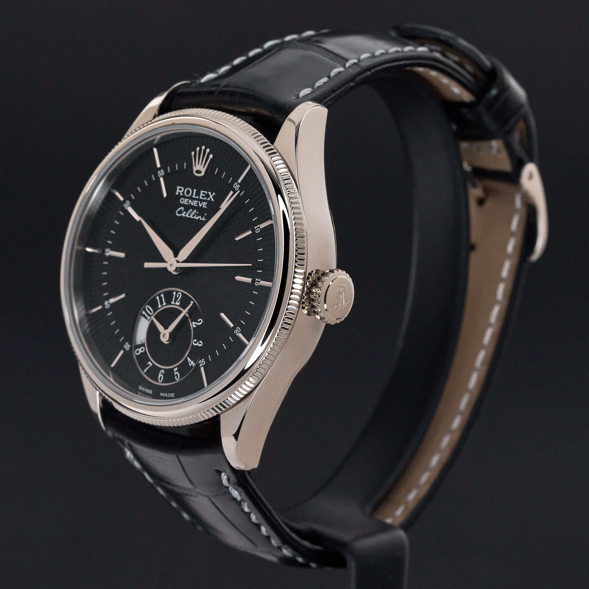 Rolex Cellini Dual Time, 50529, 39mm, 2014, White gold, Black Guilloche dial, Fullset, 1y warranty