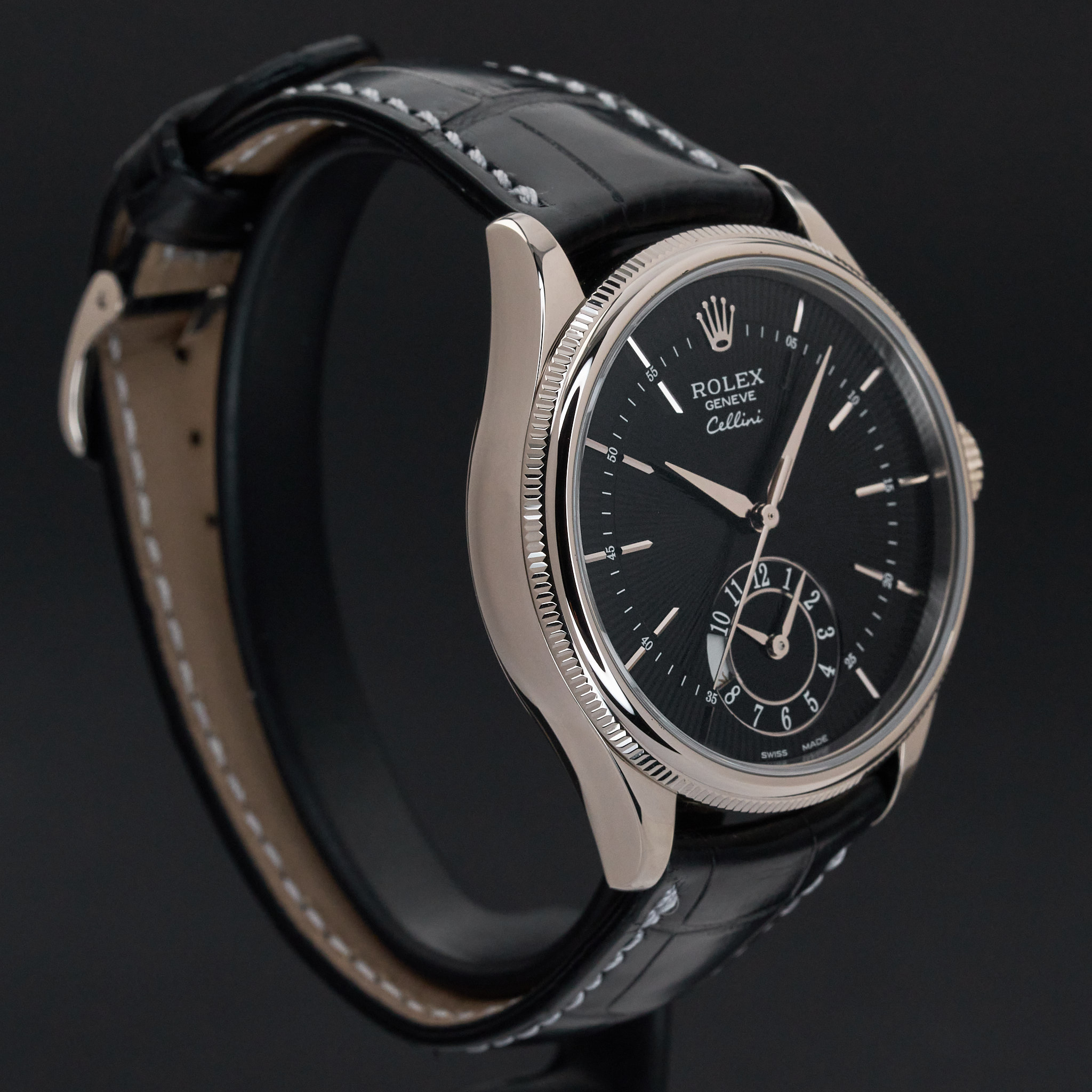 Rolex Cellini Dual Time, 50529, 39mm, 2014, White gold, Black Guilloche dial, Fullset, 1y warranty