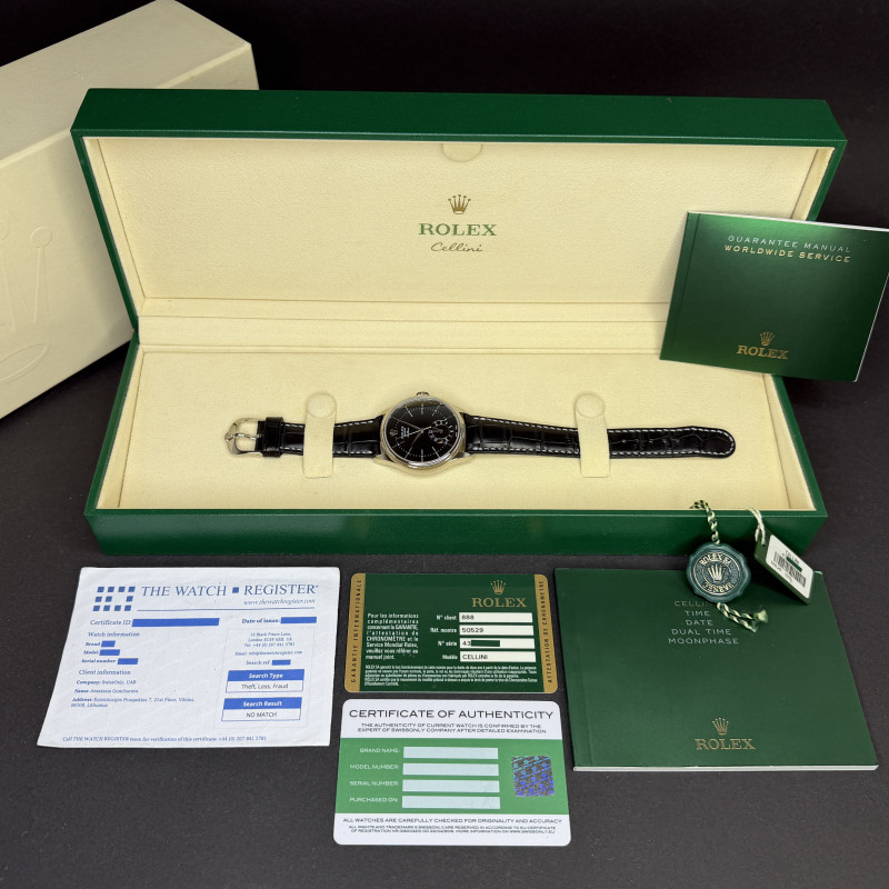 Rolex Cellini Dual Time, 50529, 39mm, 2014, White gold, Black Guilloche dial, Fullset, 1y warranty