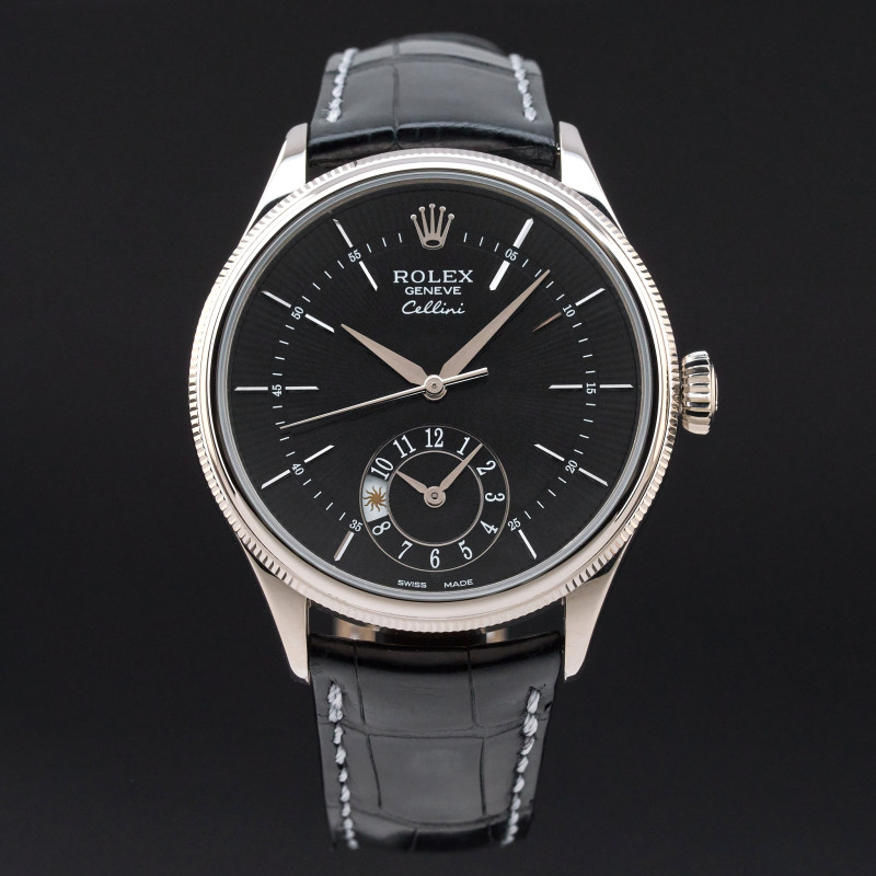 Rolex Cellini Dual Time, 50529, 39mm, 2014, White gold, Black Guilloche dial, Fullset, 1y warranty