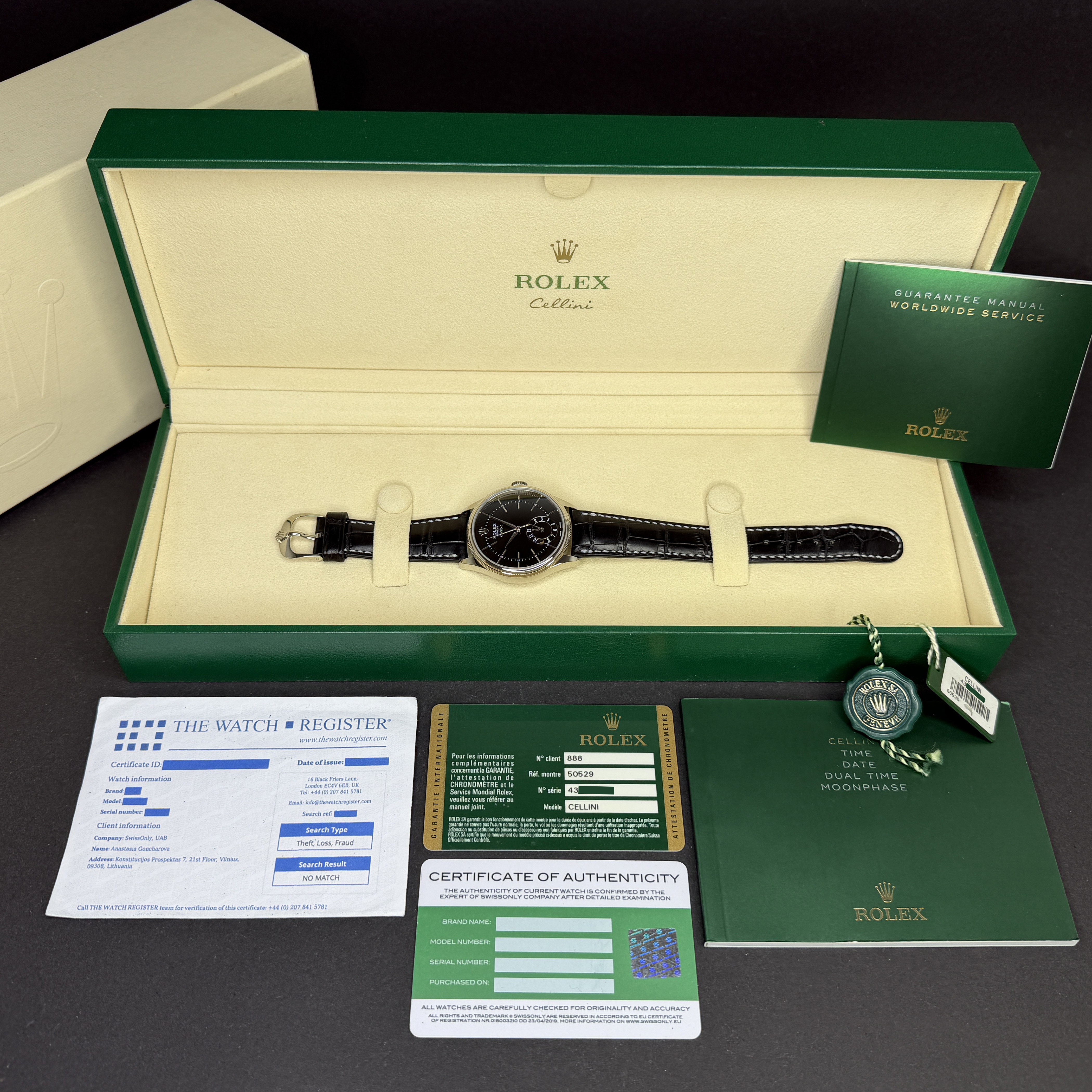Rolex Cellini Dual Time, 50529, 39mm, 2014, White gold, Black Guilloche dial, Fullset, 1y warranty