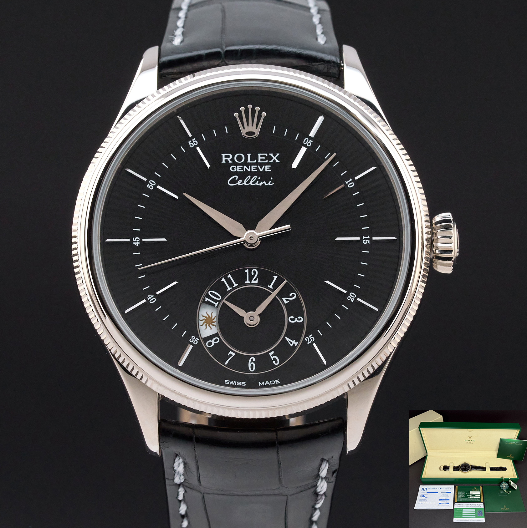 Rolex Cellini Dual Time, 50529, 39mm, 2014, White gold, Black Guilloche dial, Fullset, 1y warranty